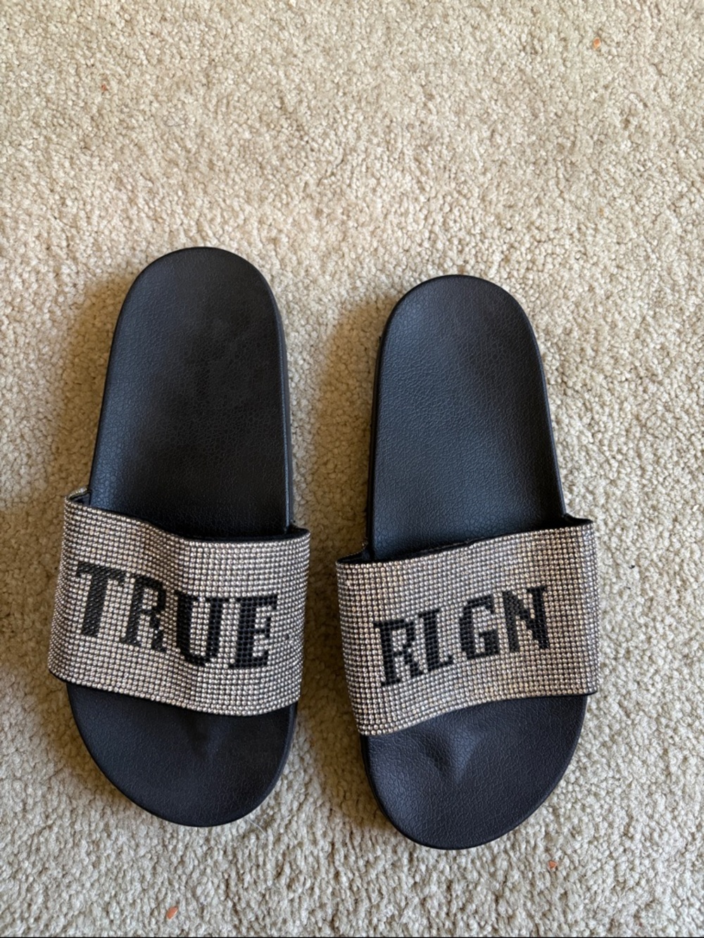 True Religion Black and Silver Crystal Slide Sandals